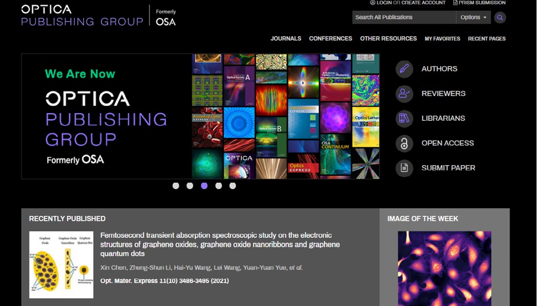Optica Publishing Group has a new look! Explore our newly designed website, opg.optica.org. With our new name and website, we’ve optimized the user experience with a focus on accessibility, usability, and discoverability of the same high-quality content. #OpticaPubsGroup