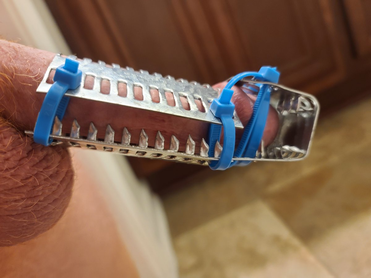 This game was fun.  Placed on him while soft and teased to see if he was able to keep himself from getting hard.  This really bit into his cock with any amount of erection and I think it might have pierced his dick if he got fully erect.  Have to try again and see if it will. :)