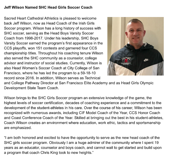SHCathletics's tweet photo. Here is the official press release announcing Coach Jeff Wilson's return to SHC, this time as girls soccer head coach. https://t.co/PayKYbg7xH