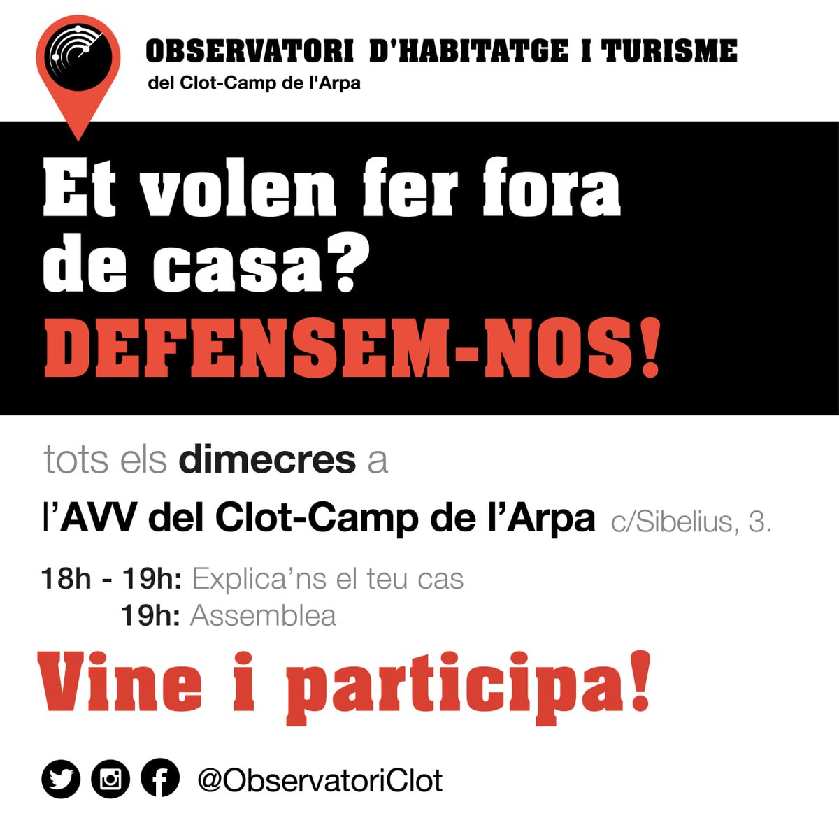 Després de l'estiu actualitzem els horaris.

Ens trobareu com sempre els dimecres a l'<a href="/avvc_ca/">Associació de Veïnes i Veïns Clot-Camp de l'Arpa</a> a les 18h!

#capveïnaforadelbarri