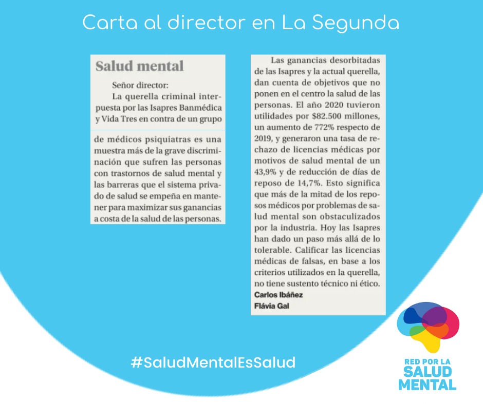 "Es una muestra más de la grave discriminación que sufren las personas con trastornos de salud mental"
Te invitamos a leer la carta publicada en @diariolasegunda de Flavia Gal y Carlos Ibáñez, miembros de la Red #SaludMentalEsSalud