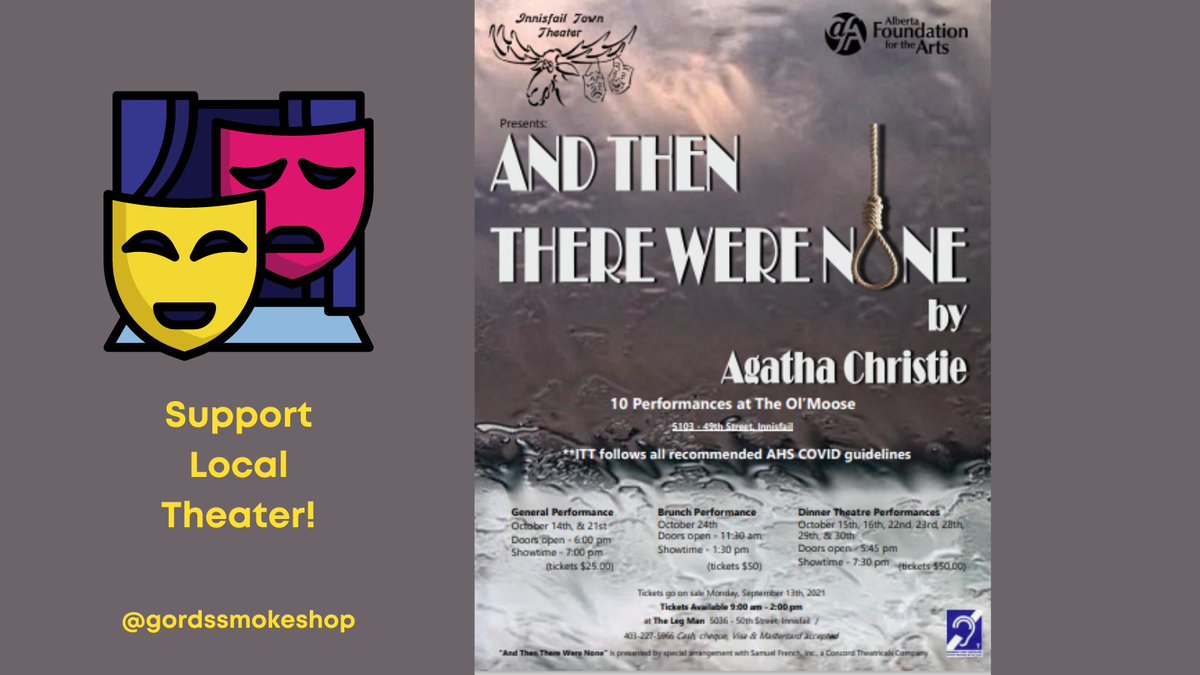 GordsSmokeShop's tweet image. Support local...theater! Get your fill of a good old fashioned murder mystery and dinner theater 🍝 
Plus, you'll get to see Rebecca, our resident actress, working her magic on the stage!
Check it out at the Innisfail Town Theater👍 
.
#SupportLocalTheater #InnisfailTownTheater