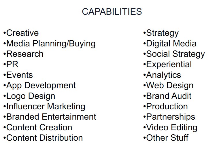 BREAKING: Capabilities Slide In Agency's New Business Presentation Pretty Much Just List Of Anything They Think The Client Might Want