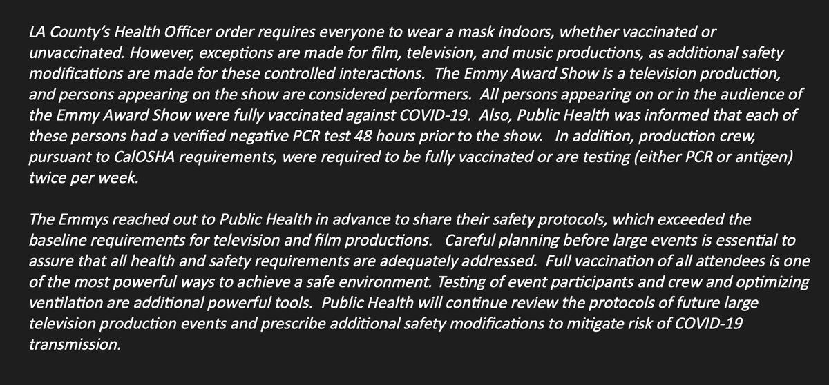 oliverdarcy's tweet image. New: LA County Department of Public Health tells me that the mask-less Emmys were not in violation of the county's mask mandate because "exceptions are made for film, television, and music productions” since “additional safety modifications” are made for such events.