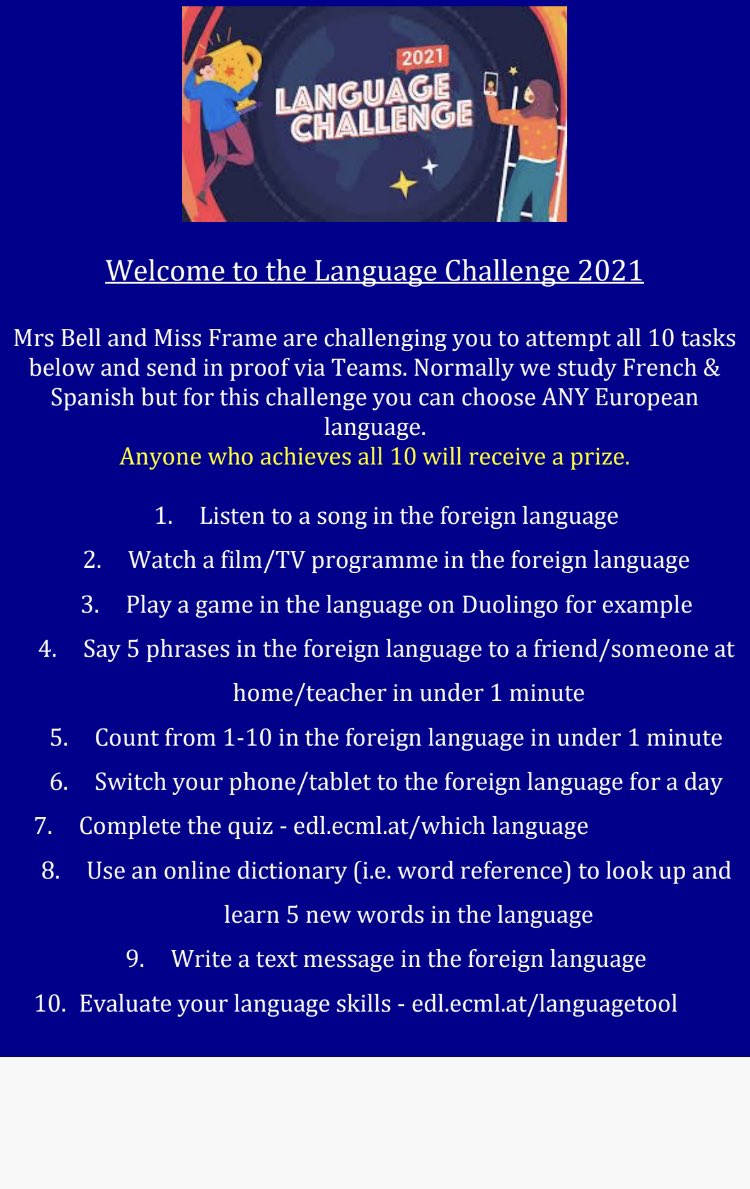 LinwoodModLangs's tweet image. European Day of Languages 2021 is this Sunday so we are making the most of it by celebrating it in many ways over the next couple of weeks. This is one challenge for our pupils, staff &amp;amp; parents/carers! Can you make all 10???