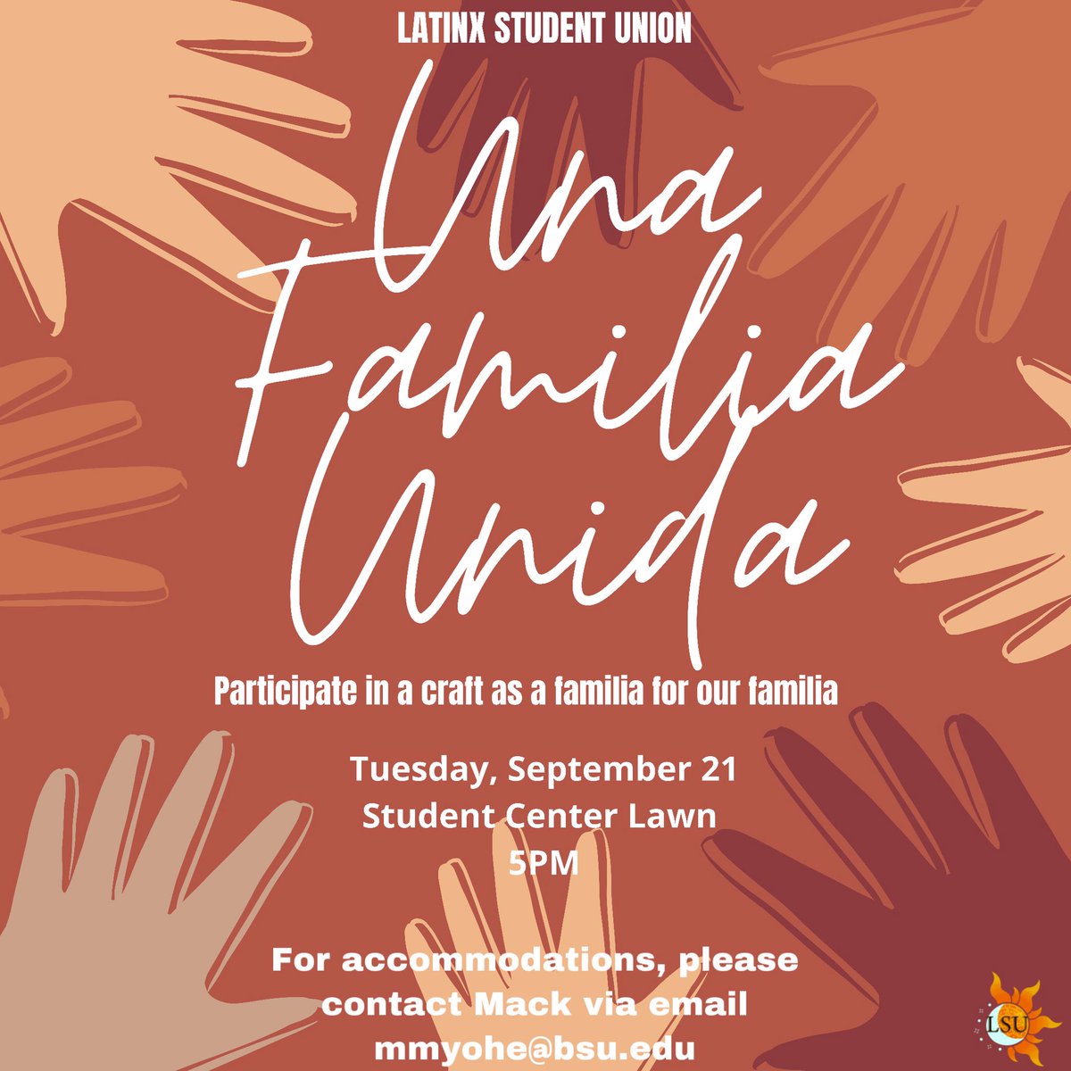 BallStateLSU's tweet image. We have something for you all Hispanic Heritage Month long! Tuesday, September 21 at 5PM is Una Familia Unida. Come and participate in a signature craft that will be carried for years to come! This will be at the Student Center Lawn. For accommodations, contact mmyohe@bsu.edu