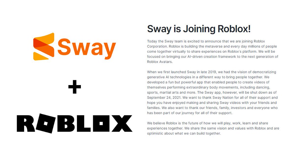 Bloxy News on X: JUST IN: Roblox Corporation (NYSE: $RBLX) has acquired  Sway, an app focused on motion effects and AI filters. We will be focused  on bringing our AI-driven creation framework