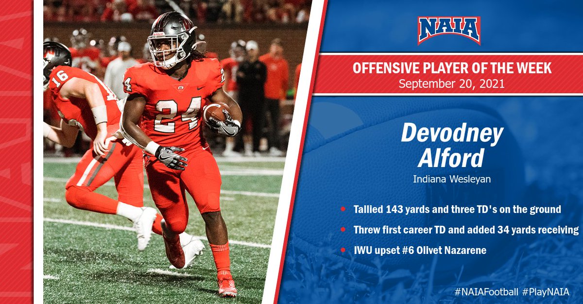 🏈| Devodney Alford totaled four touchdowns in @IWUWildcats upset of No. 6 Olivet Nazarene.

Read more--> bit.ly/3CwFUUQ

#CollegeFootball #NAIAFootball #NAIAPOTW