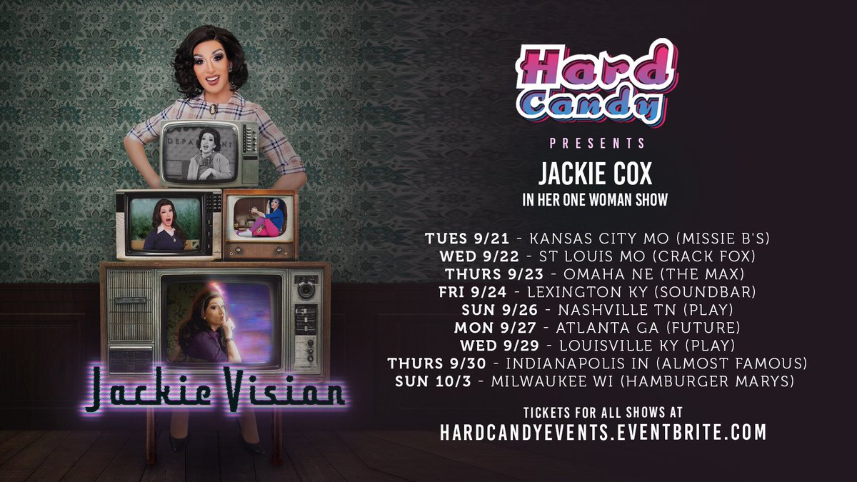 Our tour with <a href="/JackieCoxNYC/">Jackie Cox</a> one woman show JackieVision starts tomorrow night! This week, catch us in Kansas City, St Louis, Omaha &amp; Lexington! Tix: hardcandyevents.Eventbrite.com