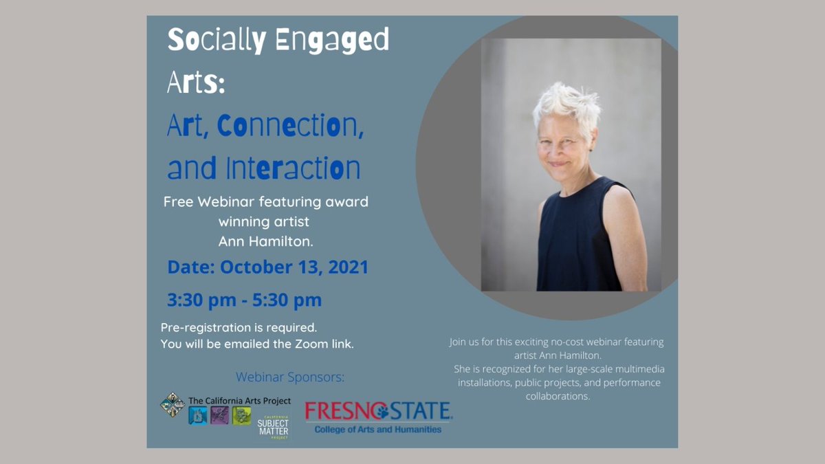 Don't miss this webinar! Art, Connection, and Interaction  
Sponsored by TCAP and Fresno State College of Arts and Humanities. Registration is free, but you must register here: forms.gle/9yAumAhpXbkmTu…