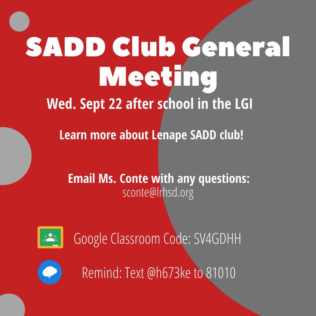 LHS_SADD_CLUB's tweet photo. Don’t miss out on our first general meeting this Wednesday after school! There, you can learn more about SADD. See you there 🤩 https://t.co/64a1mFCnrS