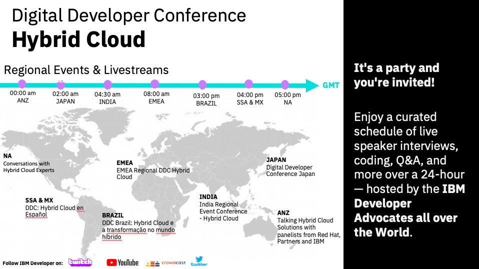 On Sept 21, we are hosting the popular regional & topical events again at the Digital Developer Conference (#DigDevCon) led by #HybridCloud experts across all geos & communities in NA, MX & SSA, Brazil, India, Japan & ANZ! Register: ibm.biz/devcon-cloud @rwlord @wtejada223