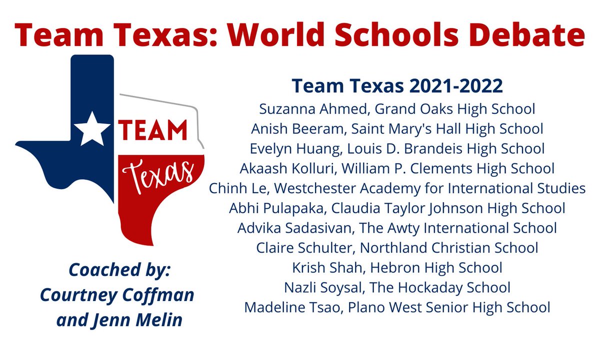 World Schools Debate has exploded here in Texas so it's time to recognize our students at the state level! The Texas Forensic Association is proud to announce the inaugural Team Texas - talented WS students will be competing together across the state.