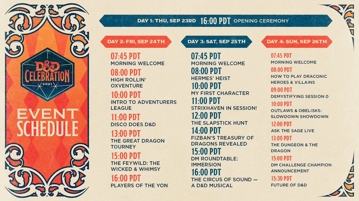 Wizards_DnD's tweet image. 🎲JOIN THE PARTY!🎲

We have an awesome schedule for #DnDCelebration! Follow us for updates and visit our site to plan your #DnD weekend: dndcelebration.com/schedule