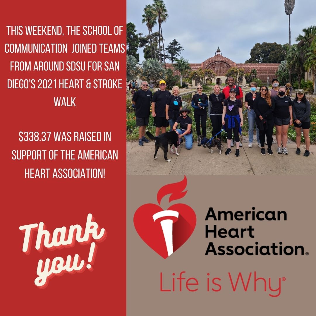 SDSU_Comm's tweet image. We want to give a big thank you to all who donated, walked, and shared their support for this important cause this past weekend! #sdsucomm #americanheartassociation