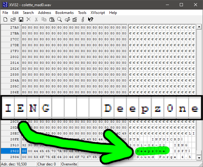 SlappyCromwell's tweet photo. Hidden in the metadata of Half-Life: Decay's voice lines is the string "Deepz0ne", the name of a known 2000s cracker, revealing the game's audio was edited using a pirated version of Sound Forge 4.5.

Don't worry, @GearboxOfficial! I won't tell anyone. Your secret's safe with me! https://t.co/LoY9pdlK36
