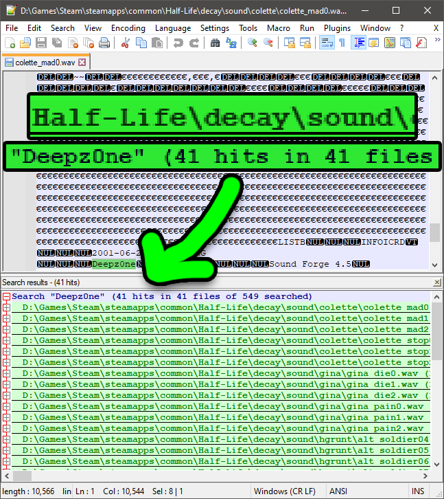 SlappyCromwell's tweet photo. Hidden in the metadata of Half-Life: Decay's voice lines is the string "Deepz0ne", the name of a known 2000s cracker, revealing the game's audio was edited using a pirated version of Sound Forge 4.5.

Don't worry, @GearboxOfficial! I won't tell anyone. Your secret's safe with me! https://t.co/LoY9pdlK36