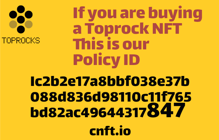 toprocks_io's tweet photo. If you are buying a Toprock NFT from @CNFT_IO this is our Policy ID, hope they can check it soon! 😀 https://t.co/KRbwyTx1rp