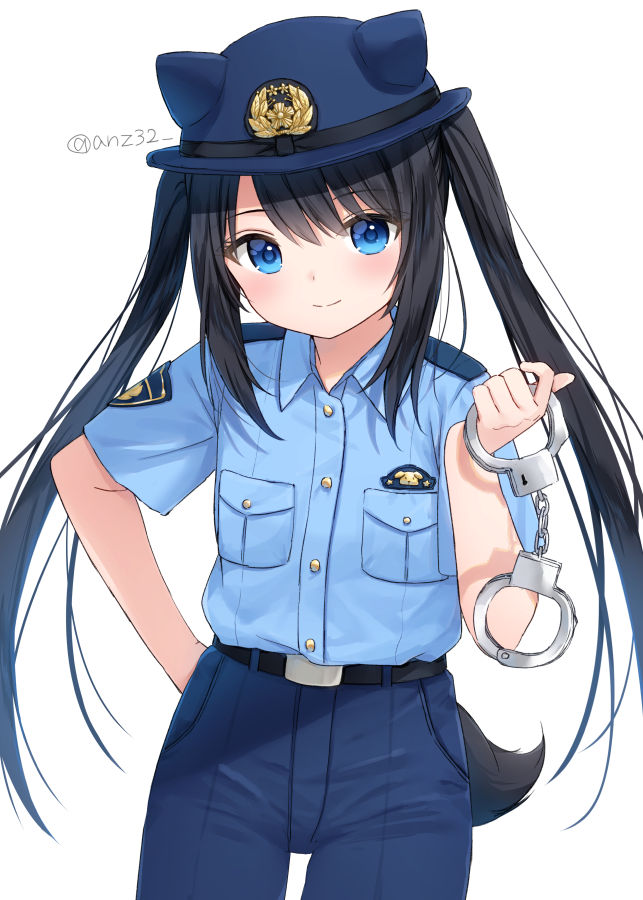 1girl uniform solo black hair blue eyes animal ears hat  illustration images