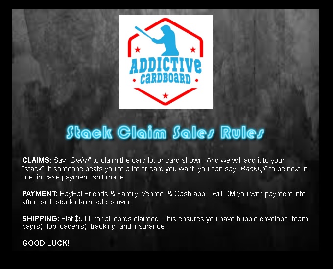 AddictiveCardb1's tweet image. Rules for our upcoming Twitter Stack Claim sales...
#whodoyoucollect #cardsales #SportsCards #BaseballCards #FootballCards #BasketballCards #cards4sale