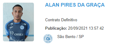 caiorossini's tweet photo. Alan Pires, lateral esquerdo, teve seu contrato com o @ECSaoBento1913 publicado no BID e pode ficar no banco de reservas contra o XV de Piracicaba. https://t.co/WOvbhNnteP