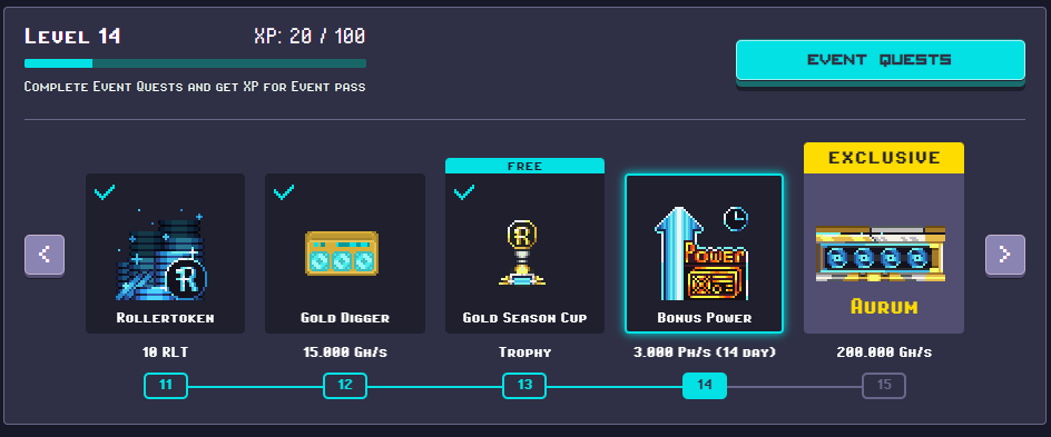 CZbieracz's tweet photo. RollerCoin Update
Udało się wbić 14 poziom  Event PASS, w nagrodę wpadł nowa koparka Gold Digger 15000 Gh/s  plus  Trofeum na półkę Gold Season Cup. Pracuję nad poziomem 14 - czyli Bonus Power 3000 Ph/s na okres 14 dni. Zapraszam do zabawy 🙂 
https://t.co/eSAyfVdIBB https://t.co/k3ZdQmmeMP