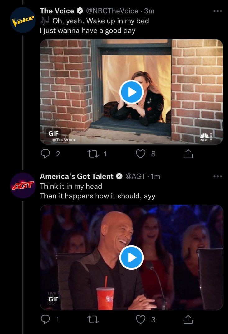arianatorswildt's tweet photo. not the voice and america’s got talent singing just like magic 😭 https://t.co/m5asLqFi2w
