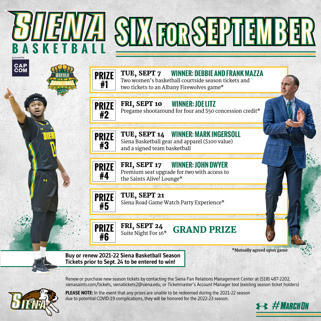 ⌛️ Time is running out on your chance to win a premium @SienaMBB prize❗️

Simply renew or purchase 🆕 #SienaSaints season 🎟️ prior to Friday to be entered into our #SaintsSixForSeptember contest for your chance to win a premium 🎁❗️

📰 bit.ly/3h7vt1N 

#MarchOn