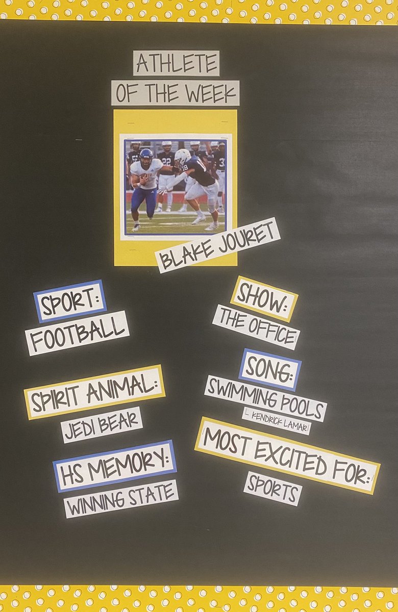 Athlete of the Week goes to Blake Jouret 💛💙 <a href="/BlakeJouret/">Blake Jouret</a> <a href="/osffbc/">Olathe South Falcon FOOTBALL BOOSTER CLUB 🏈</a>