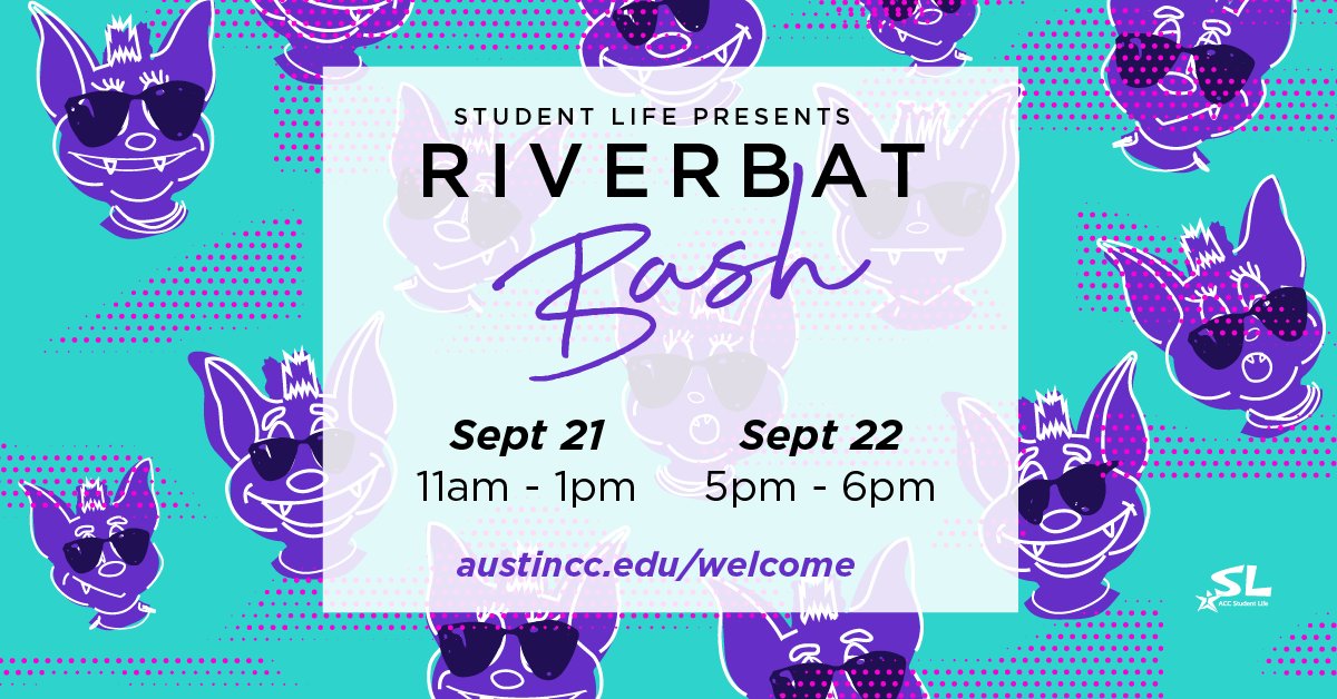 accstudentlife's tweet photo. Riverbat Bash is BACK!
Do you have big goals this year? Get connected with the people who will help you get there at Student Life’s 11th Annual Riverbat Bash: Area of Study Resource Fair on Sept. 21 or 22: https://t.co/sINjddACFy
Attendees can enter into a gift card giveaway! https://t.co/lf7NiRfteE
