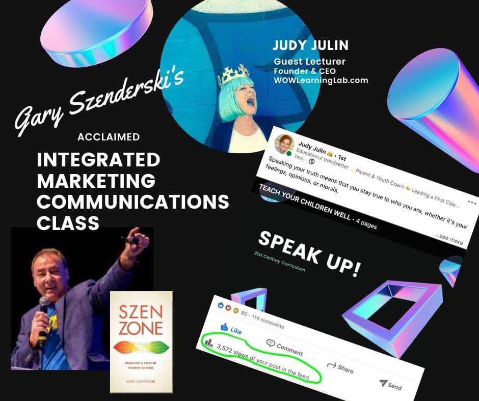I'm ever so honored that I've been invited once again to "Speak Up" as guest lecturer at <a href="/GarySzenderski/">gary@bookofszen.com</a> 's <a href="/UCIrvine/">UC Irvine</a> course in the Digital Marketing &amp; Communications Certificate Program. I’ll be talking about the business of education. <a href="/wowlearninglab1/">wow_learning_lab</a> #education #judyjulin
