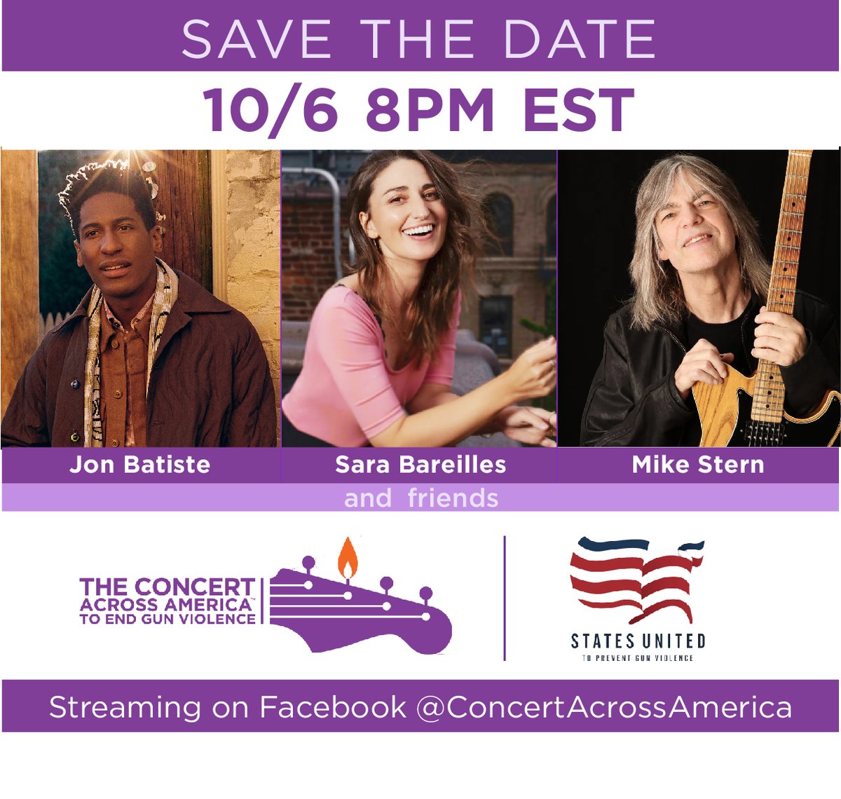 ✨🎸🎤✨Join us for our 2021 CAA to End Gun Violence, a virtual concert streaming October 6th, 8 PM EST on Facebook. Performances by Jon Batiste, Sara Bareilles, Mike Stern, and other musical legends.
#bandtogether #concertacrossamerica #JonBatiste #SaraBareilles #MikeStern