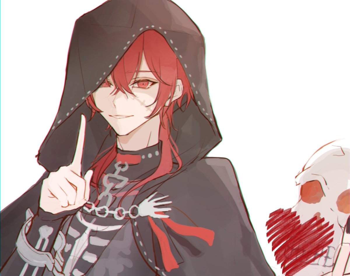 1boy red hair male focus red eyes hood solo hood up  illustration images
