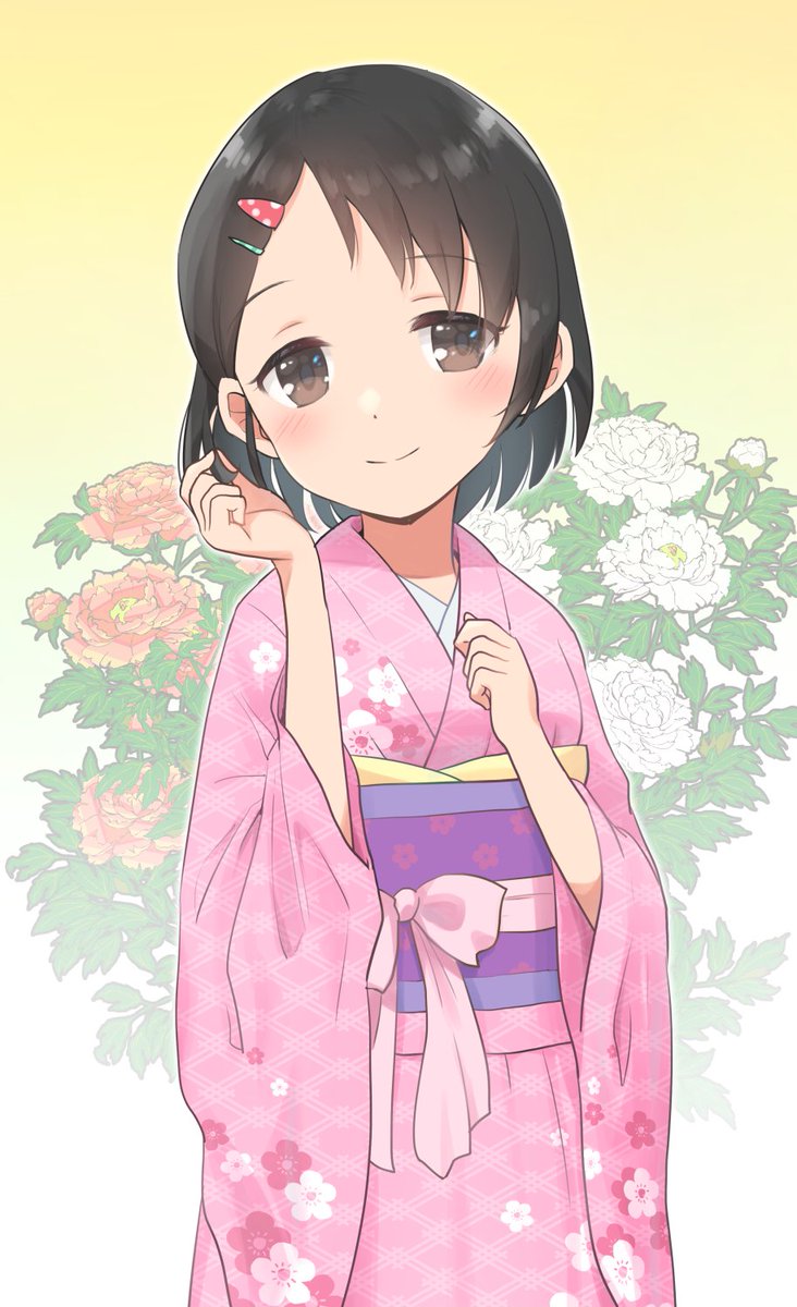 sasaki chie 1girl japanese clothes solo kimono hair ornament sash smile  illustration images