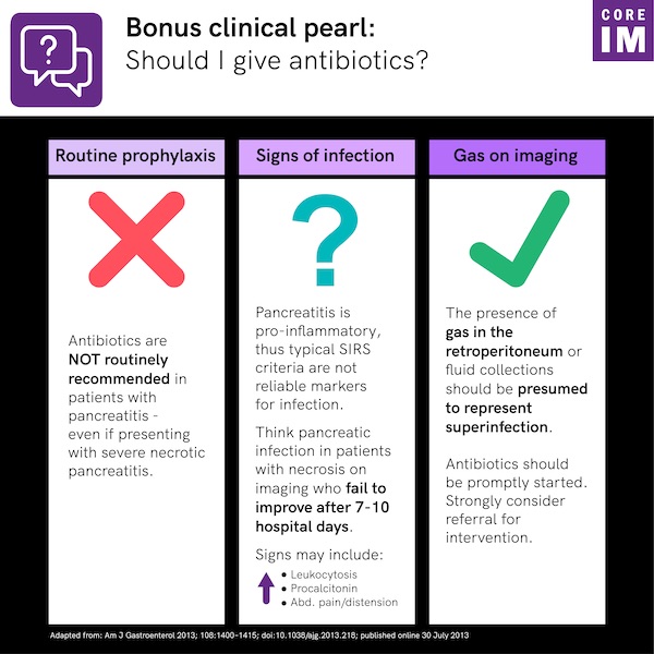 COREIMpodcast's tweet photo. We even have a bonus pearl for you today! When should antibiotics be given to patients with pancreatitis?! #CoreIM https://t.co/GfmpybsP69