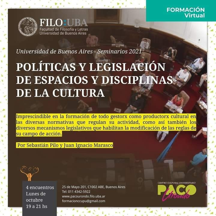 piloofkors's tweet photo. POLÍTICAS Y LEGISLACIÓN DE ESPACIOS Y DISCIPLINAS DE LA CULTURA
📌4 encuentros sincrónicos por zoom
📌Inicio: lunes 4/10
🗓️Período: lunes de octubre 2021, 19 a 21hs

📌Programa: https://t.co/X2wvIXoTpn
📌Preinscripción: https://t.co/78AyngK316
📌Informes: formacionccupu@gmail.com https://t.co/HduYhMMBGG
