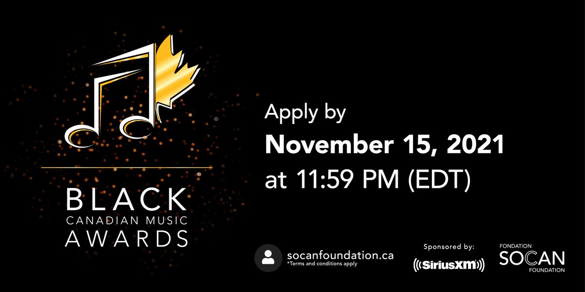 SOCAN Foundation (@socanfoundation) on Twitter photo Announcing the deadline for the second annual Black Canadian Music Awards, sponsored by <a href="/siriusxmcanada/">SiriusXM Canada</a>. These awards aim to recognize and celebrate our Black songwriters and composers. 5 grand prize winners will be awarded $5,000 + x5 $1,000 prizes for honorable mentions. Announcing the deadline for the second annual Black Canadian Music Awards, sponsored by <a href="/siriusxmcanada/">SiriusXM Canada</a>. These awards aim to recognize and celebrate our Black songwriters and composers. 5 grand prize winners will be awarded $5,000 + x5 $1,000 prizes for honorable mentions.
