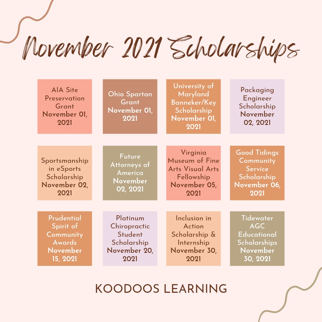 Here are some great scholarships opportunities with November deadlines 🗓!Send this to a friend who needs to see this! 

#koodooslearning #scholarshipopportunities #applyingtocollege #highered #collegeadmissions #highereducation #admissions #collegeprep