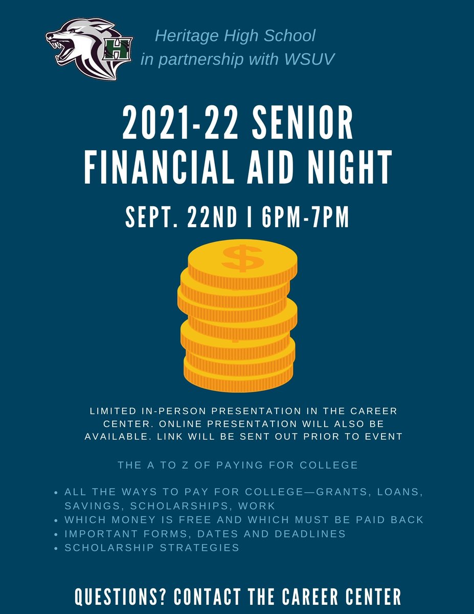 Financial Aid Night is this Wednesday from 6-7pm in the Career Center and on Zoom. Learn how to pay for college no matter where you choose to go! #findyournext #classof2022 #collegeplanning #college #scholarship #FAFSA #wasfa