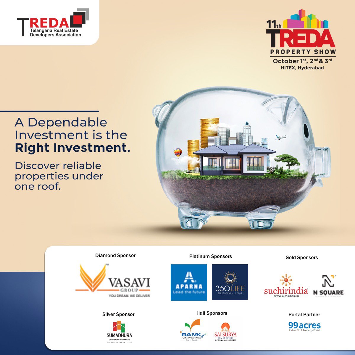 Naredco_TS's tweet photo. A trustworthy investment can go a long way in ensuring your peace of mind! At TREDA 2021, we bring you the city’s leading developers, banks and builders who ensure transparency and offer stress-free investment opportunities. 

#TREDA2021 #PropertyShow #RealEstate #Hyderabad https://t.co/eJEnEz2Aq5