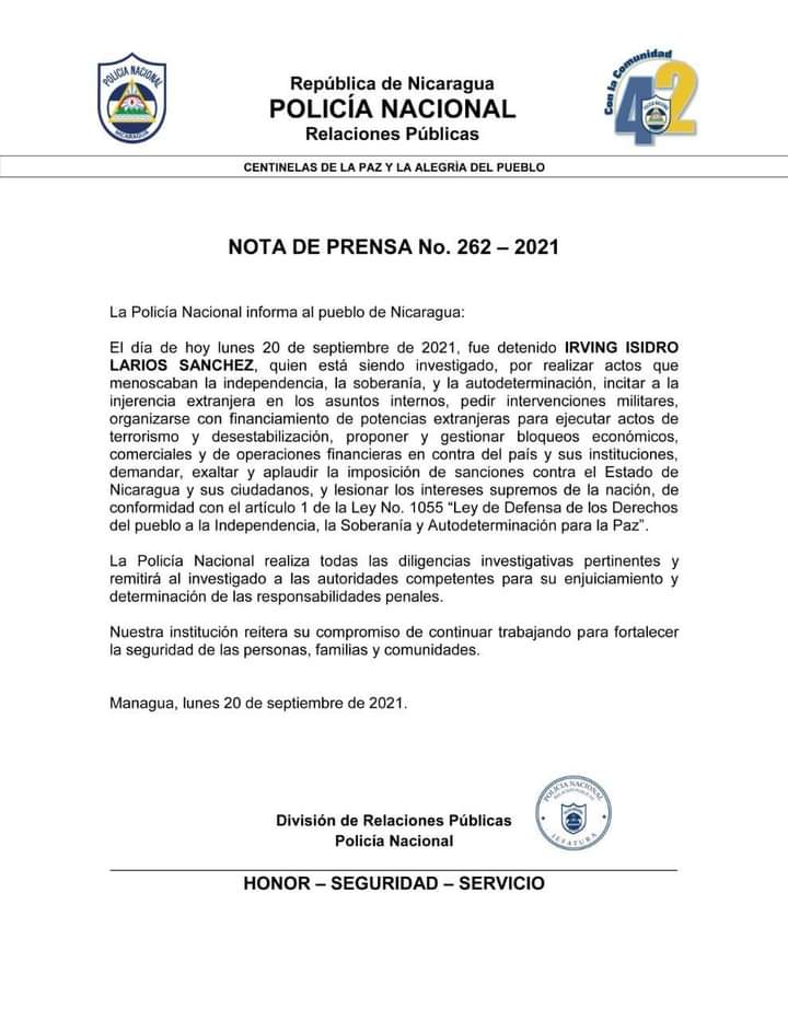 JH_D0S's tweet photo. #Ahora 🔴

➡️ Policía Nacional de #Nicaragua informa que fue detenido IRVING ISIDRO LARIOS SANCHEZ, quien está siendo investigado, por realizar actos que menoscaban la independencia y soberanía. https://t.co/uGmGOKltCF