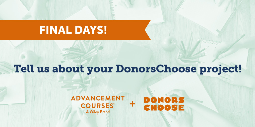 AdvanceTeaching's tweet photo. There are just a few more days to submit your @DonorsChoose project for funding consideration. Remember to send us your project by Sept. 24! https://t.co/CaidDcyV9S #EveryClassroomCounts https://t.co/vG9QdZVWNU