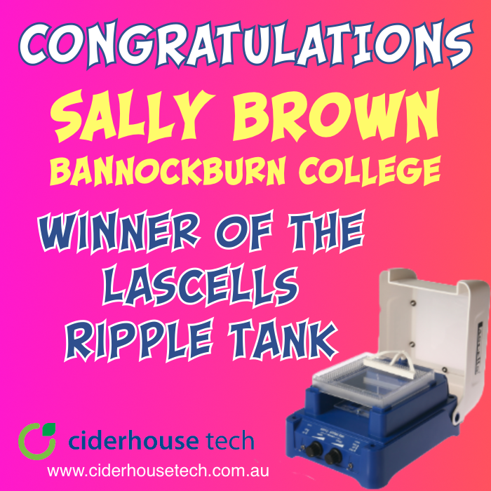 ciderhousetech's tweet photo. Congratulations to Sally Brown of Bannockburn College for winning our Lascells Ripple Tank. Thanks to all of you that subscribed. #STEM #ciderhousetech #lascells #physics #science https://t.co/9U3p5pwCEv