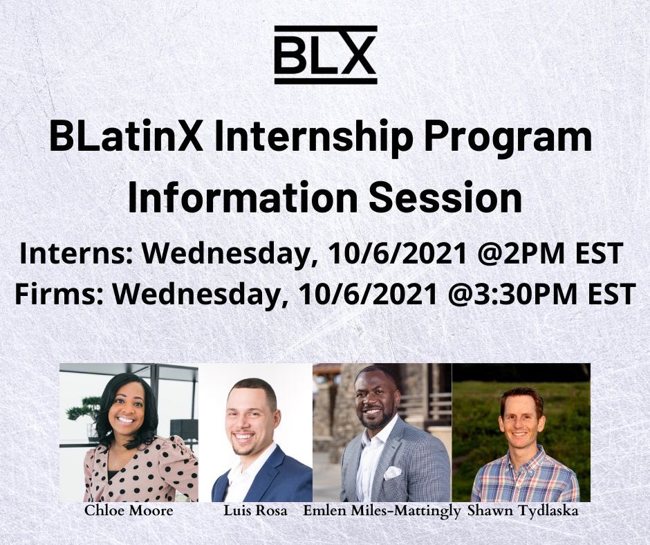 We're excited to kick off the second year of the BLatinX (BLX) Internship Program! This program matches Black and Latinx students and career changers with fee-only financial planning firms.

Do you have specific questions about the program or want to learn more? Come join us!