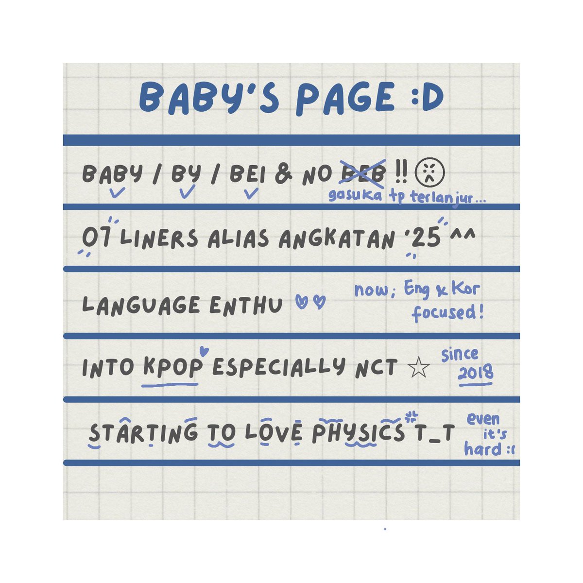 markinbeei's tweet image. hii, i'm new to #AMBISVERSE #STUDYWTWT and currently looking for moots buat ngambis bareng! 

     — baby here!
     — 07 / 9th grade
     — she/her

and btw if u have any swu or dwu for 9th graders or general classes, please kindly knock my dm or @ me!🤯 kalo lewat bantu rt/like