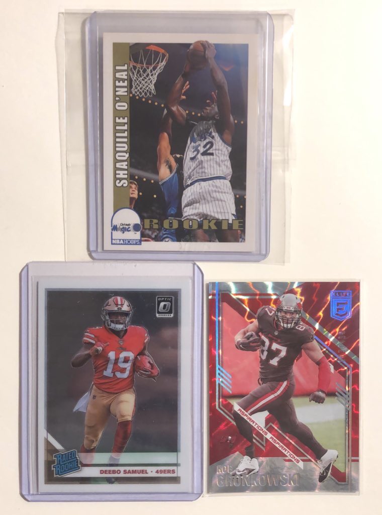 DubbysCards's tweet photo. Trade bait for Anthony Edwards. McKitty is /25, Mooney and Kareem are /99, Asante is an SP, Kelce is /149, and Gronk is /499. @sports_sell @Hobby_Connect @ConnectingHobby https://t.co/Dang83rPbM