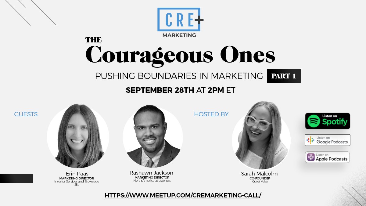 “The Courageous Ones” Pushing Boundaries in Marketing Part 1 Podcast on Sept 28th at 2pm ET.
#cremarketing💙👏 #cre #marketingtips #marketingprofessionals #commercialrealestate #digitalmarketing #excellence