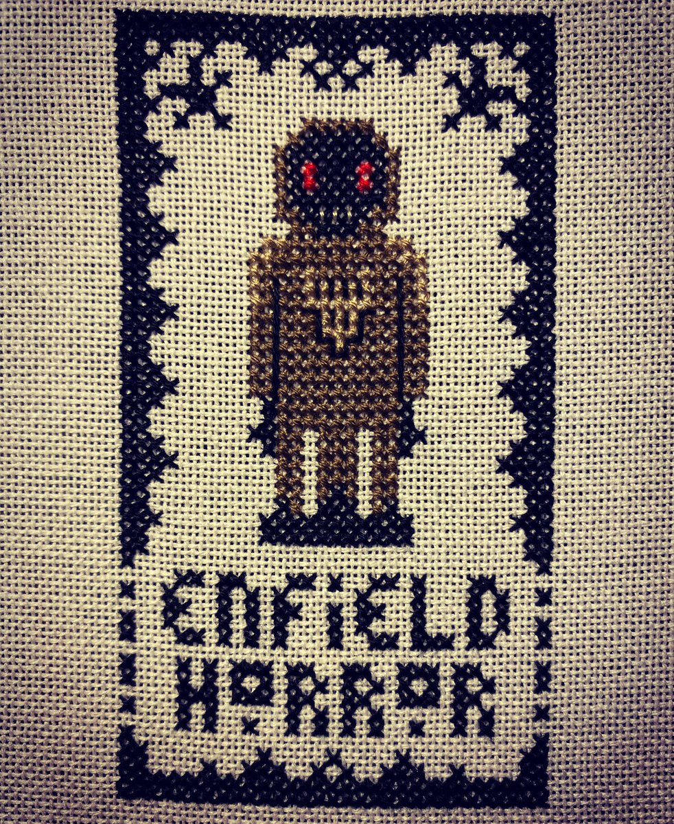 RoguexStitches's tweet photo. Annnnd the next #cryptid is done! The #EnfieldHorror! 
I really love learning about all of these new cryptids as the stitch goes along….excited next week is off so I can focus on my libra stitch
#cryptidsal by The Witchy Stitcher
Fabric: 28ct Vanilla Latte from @bestitchme https://t.co/kIAu88wGzk