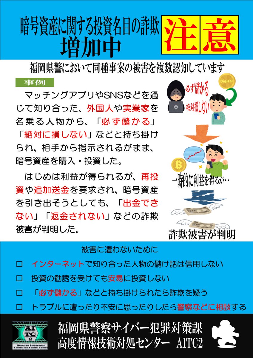 暗号資産に関する投資名目の詐欺にご注意ください！】 暗号資産に関する投資名目の詐欺が全国的に確認されており、福岡県警でも複数の被害を認知しています。「必ず儲かる」「絶対に損しない」などの甘い言葉は信じてはいけません。  #福岡県警