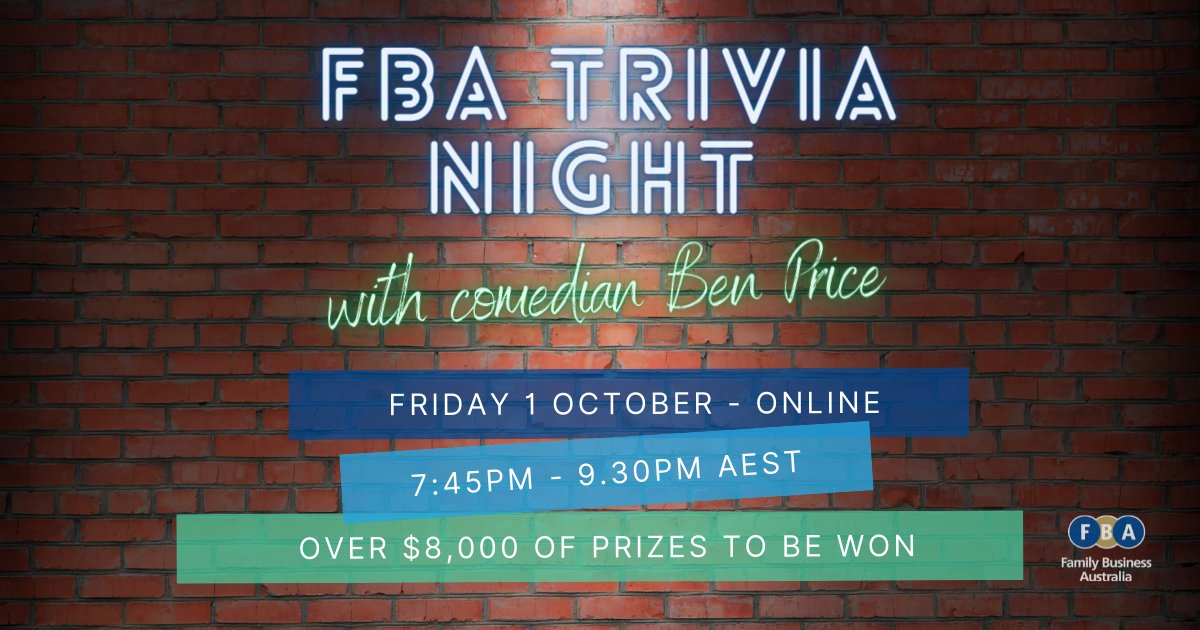 Take a break and enjoy some quality time with your family as FBA hosts its first Virtual Comedy and Trivia Night on Friday 1 October! There are loads of prizes up for grabs on the night too! For more information and to book, click here. familybusiness.org.au/events/event/f…